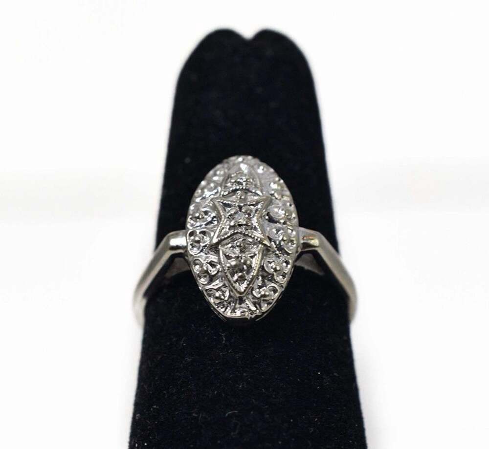 Vintage White Gold Diamond Ring Art Deco Style Oval Filigree Cocktail Ring